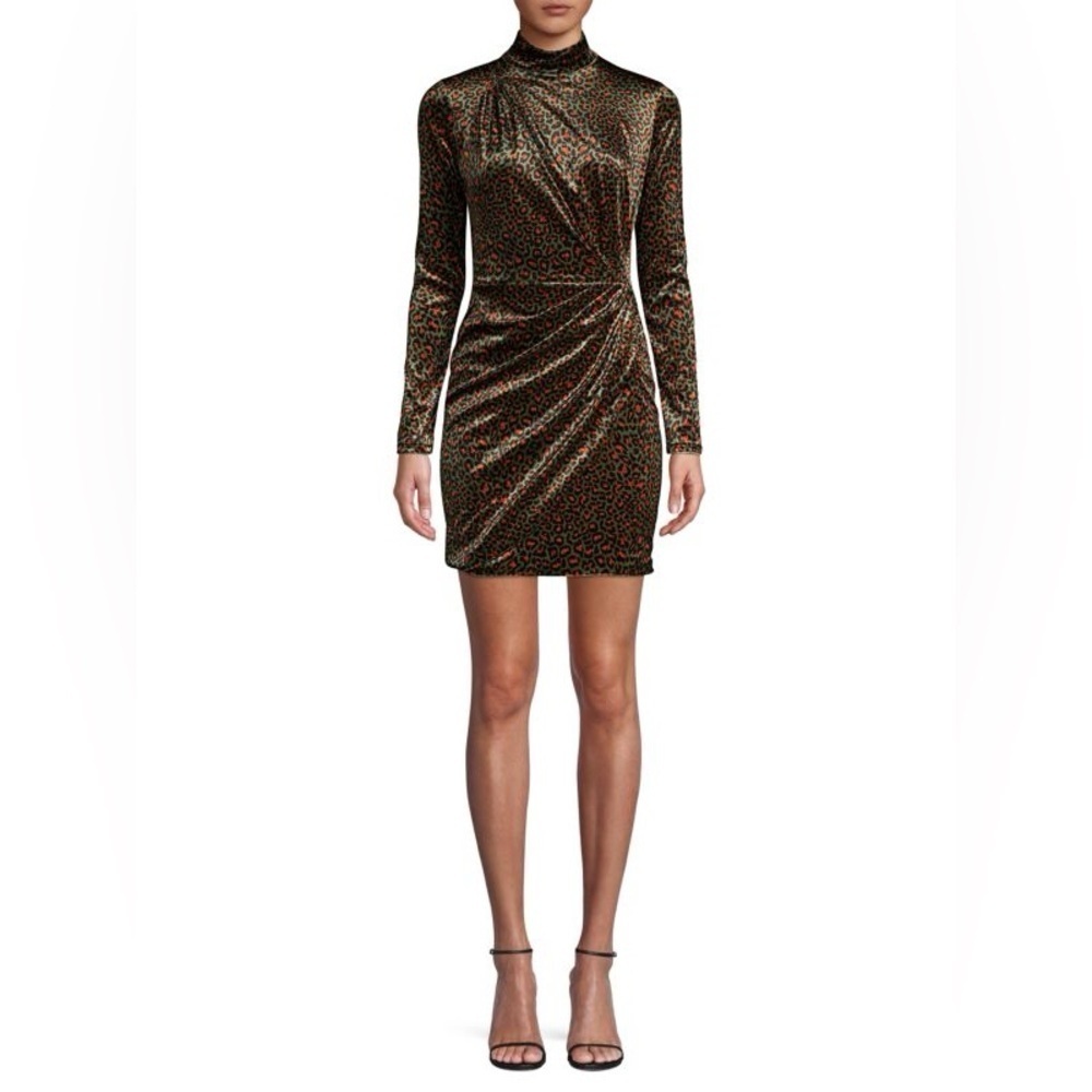 Black Halo Briar Leopard Velvet Mini Dress in Green Leopard- Size 12